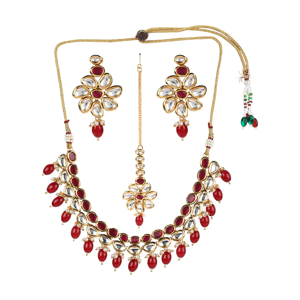Kundan Gold Plated Necklace Set with Red Stones and Beads - Image 3