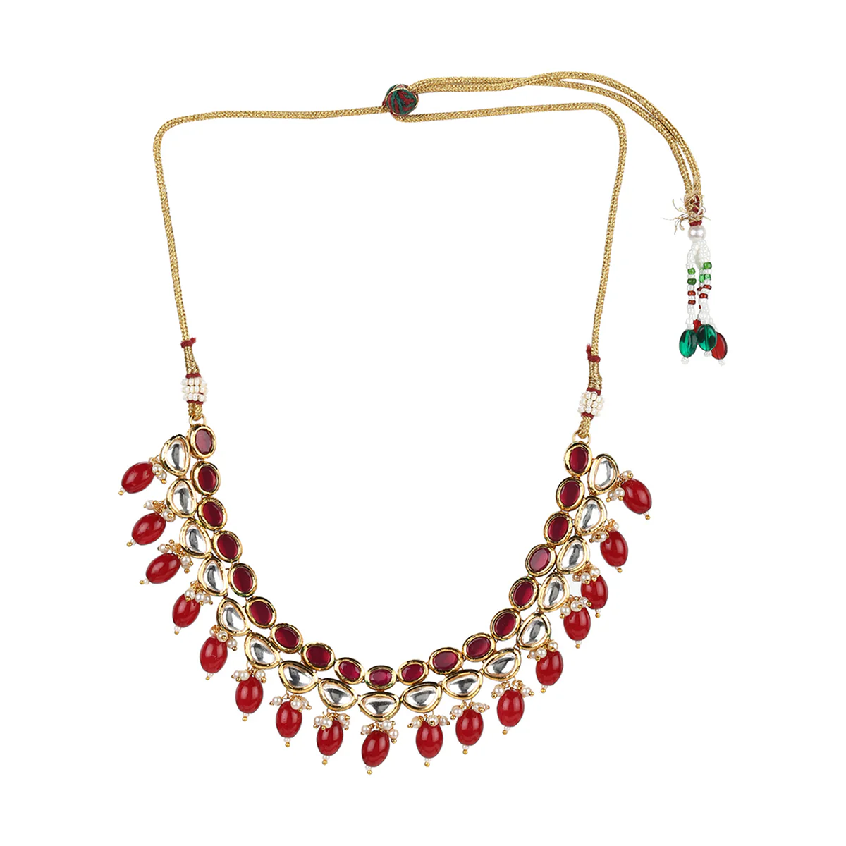 Kundan Gold Plated Necklace Set with Red Stones and Beads - Image 4