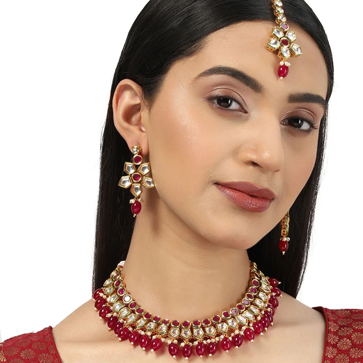 Kundan Gold Plated Necklace Set with Maang Tika - Image 2