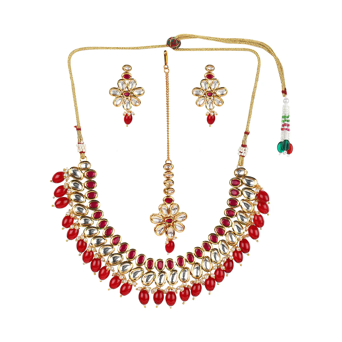 Kundan Gold Plated Red Beaded Necklace Set - Image 3