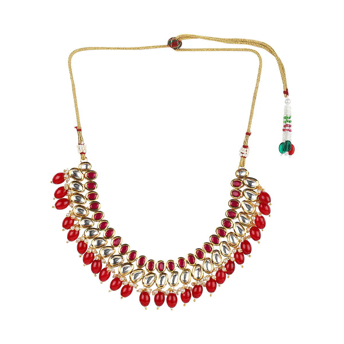 Kundan Gold Plated Red Beaded Necklace Set - Image 4