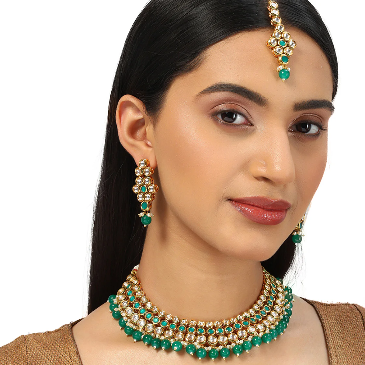 Kundan Gold Plated Green Beads Necklace Set - Image 2