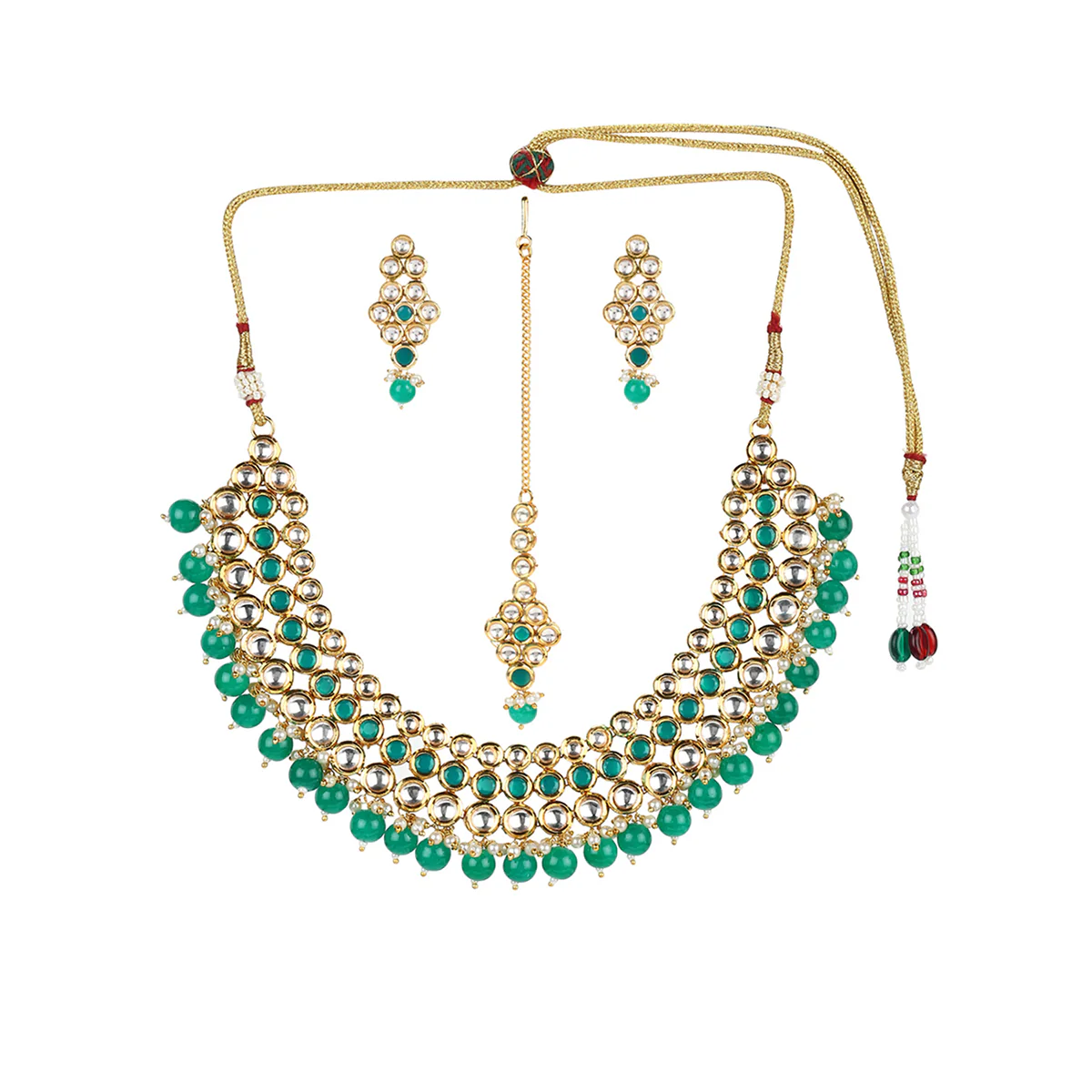 Kundan Gold Plated Green Beads Necklace Set - Image 3