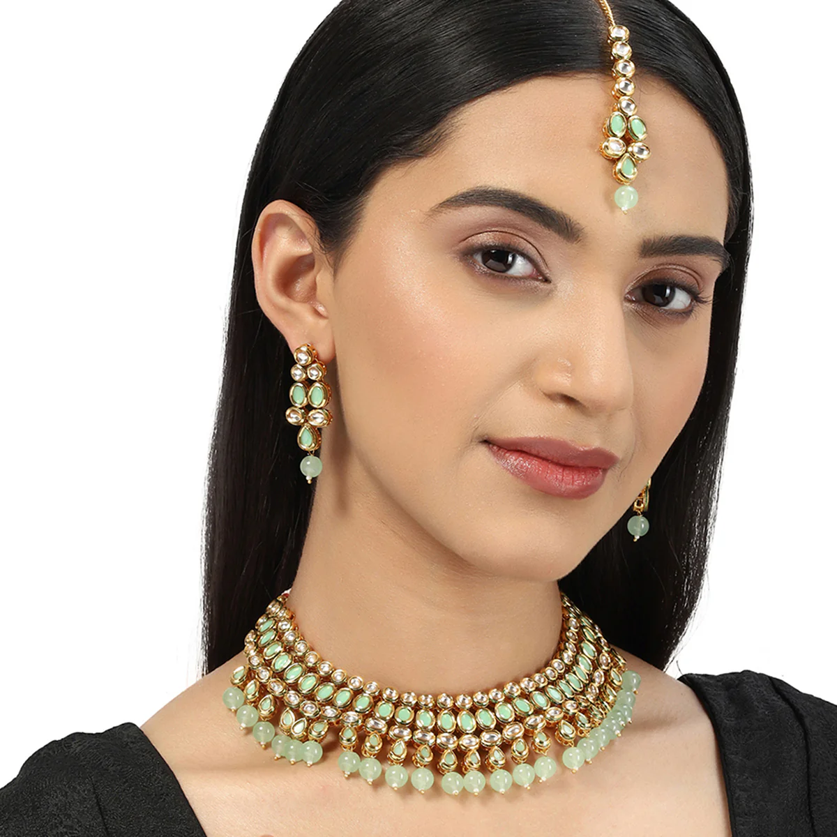 Kundan Gold Plated Mint Green Tumble Beads Necklace Set - Image 2