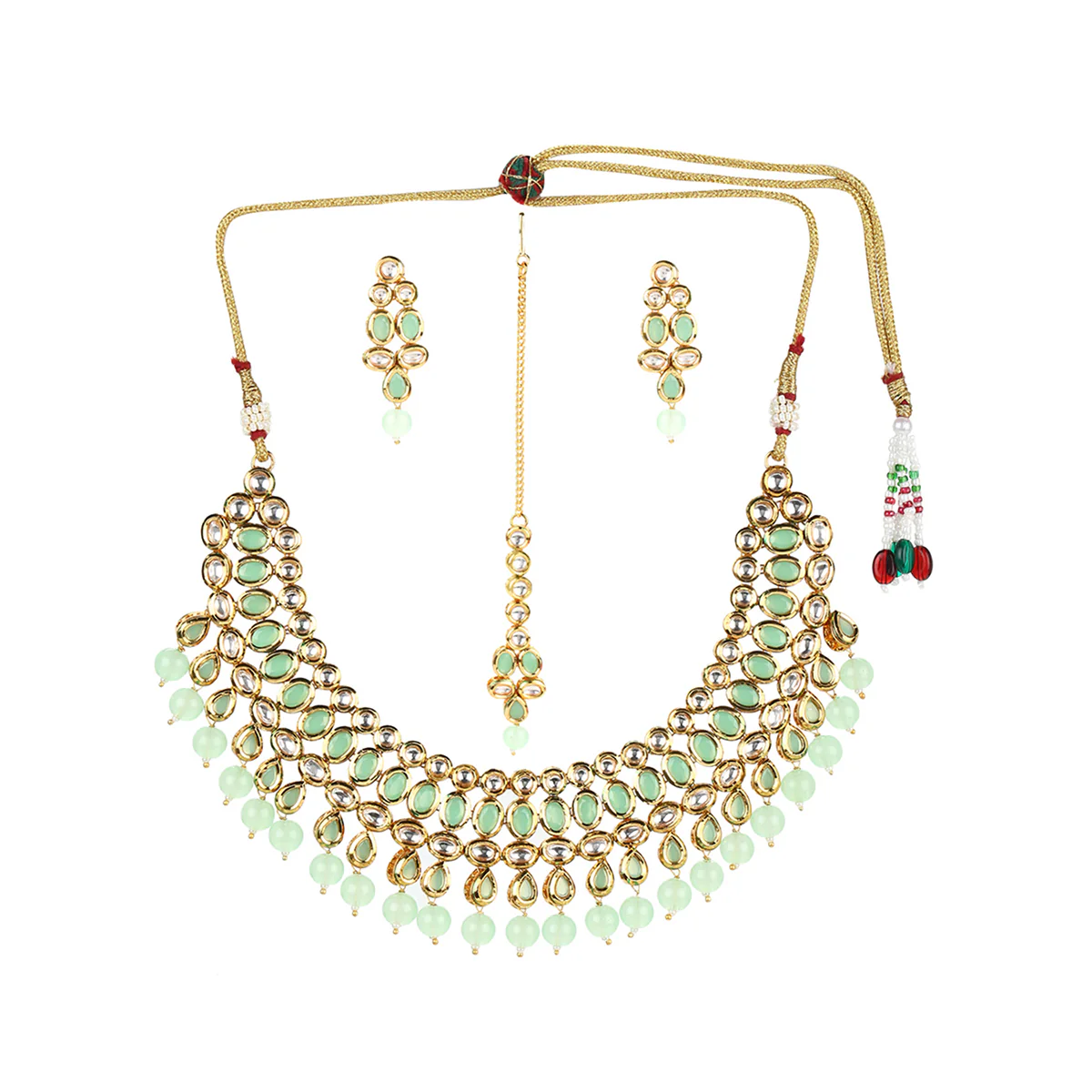Kundan Gold Plated Mint Green Tumble Beads Necklace Set - Image 3