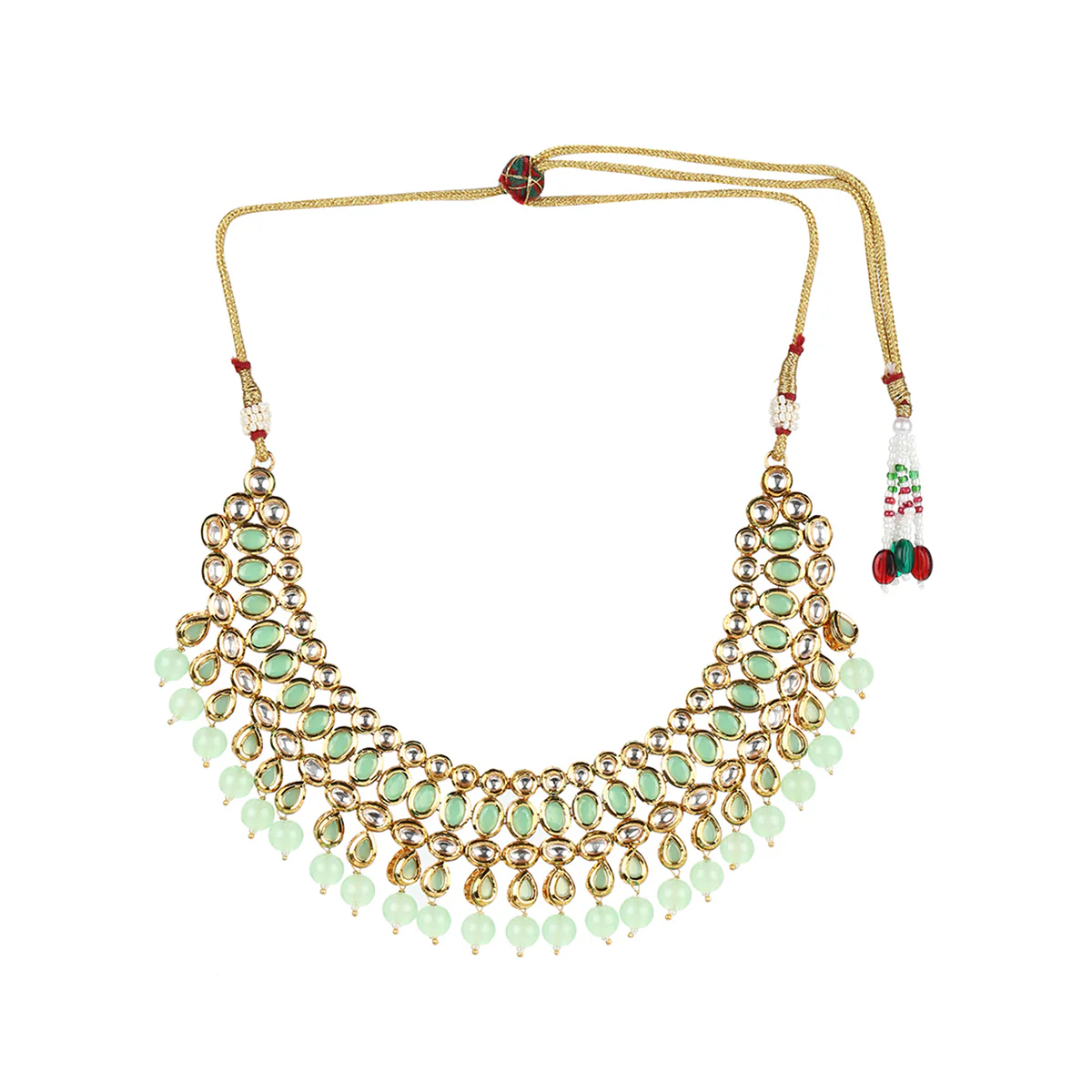 Kundan Gold Plated Mint Green Tumble Beads Necklace Set - Image 4