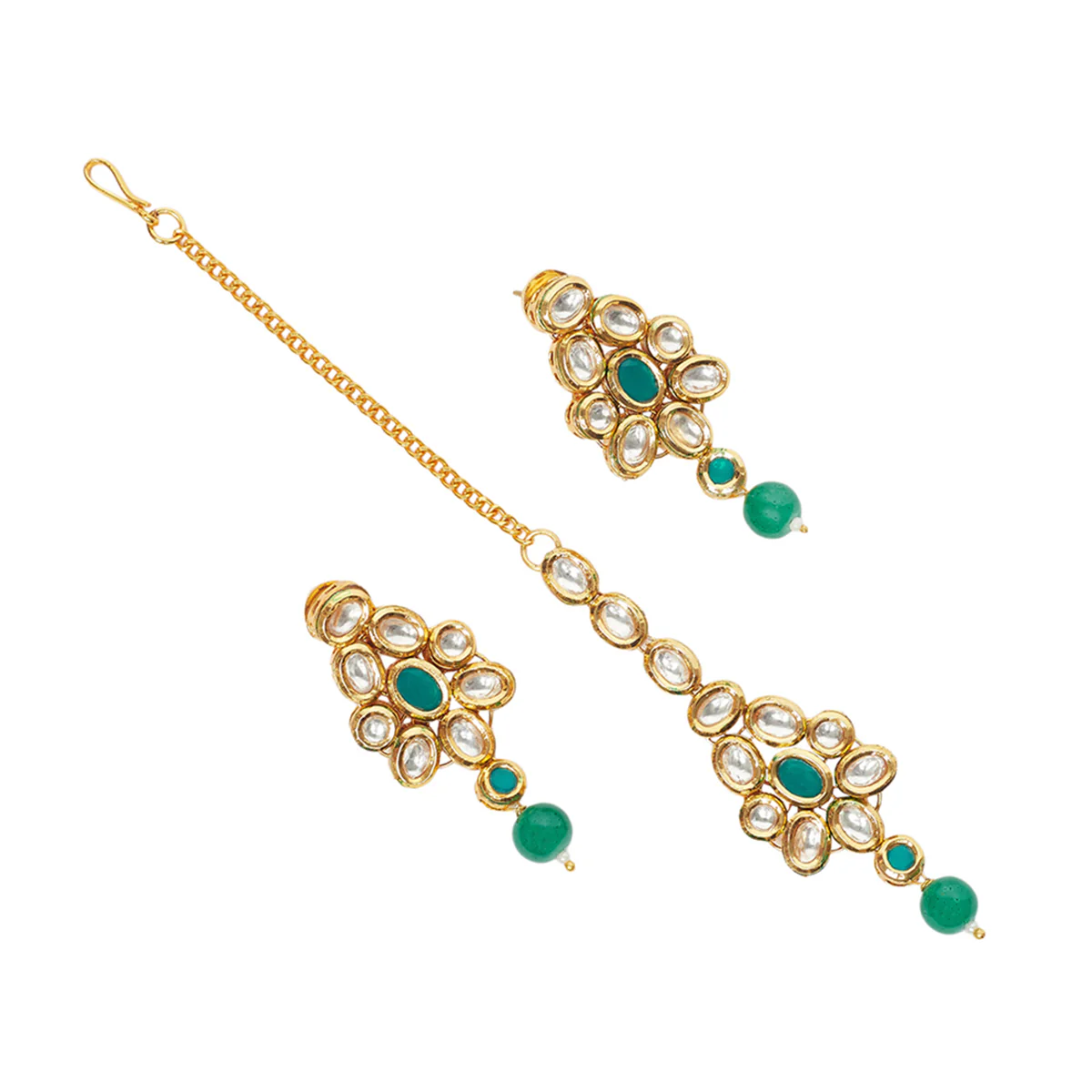 Kundan Maang Tika Set Encrusted With Green Beads - Image 5