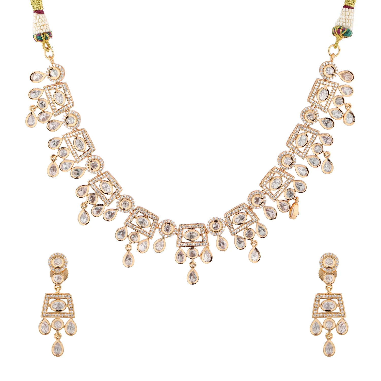 Kundan Opulence Crystal Cascade Necklace Set - Image 3