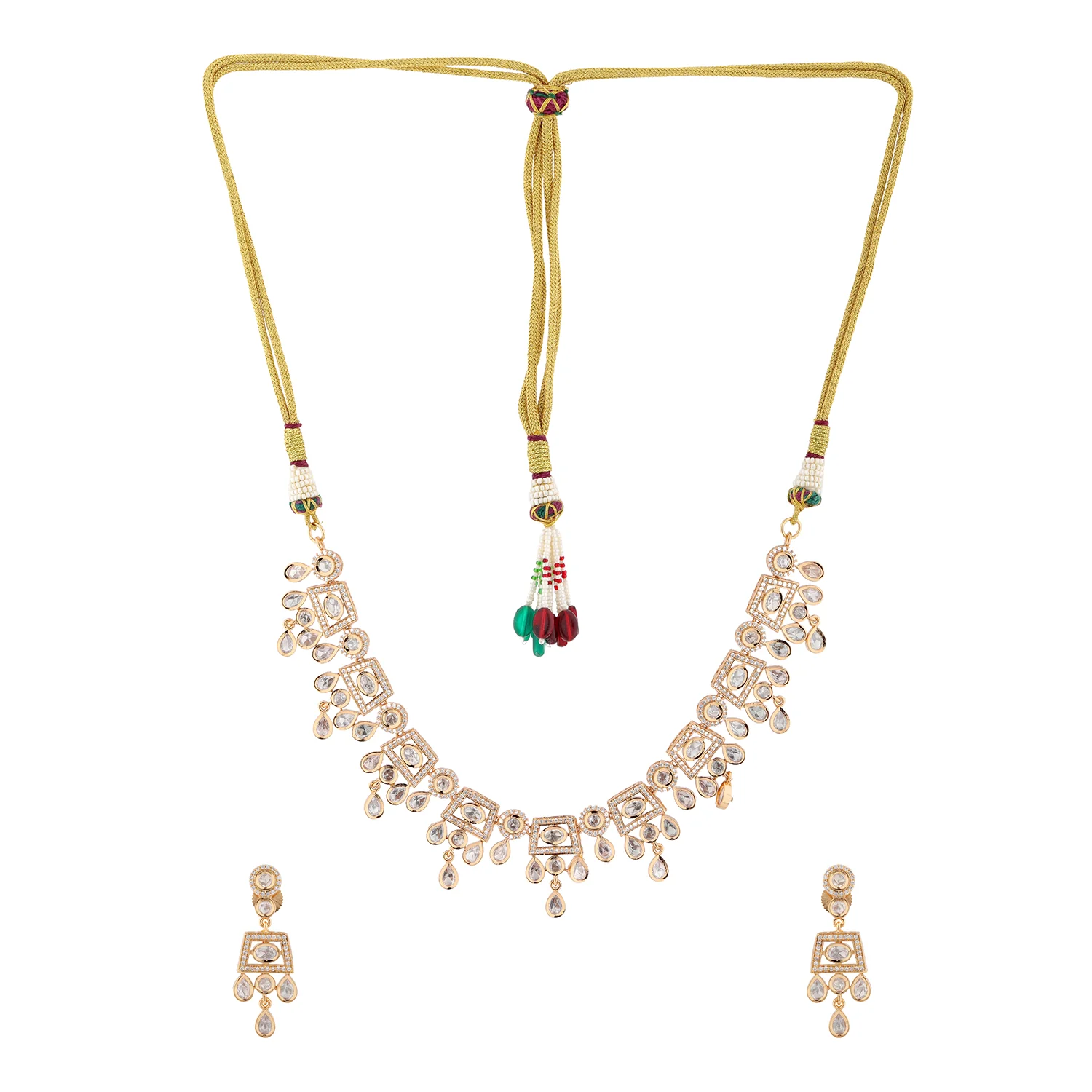 Kundan Opulence Crystal Cascade Necklace Set - Image 4