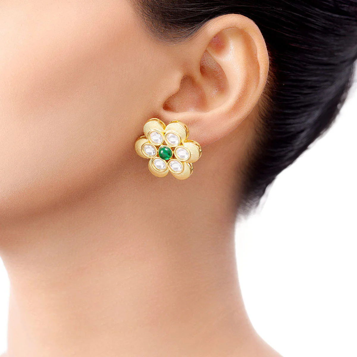 Kundan Stanza Gems Adorned Floral Earrings - Image 2