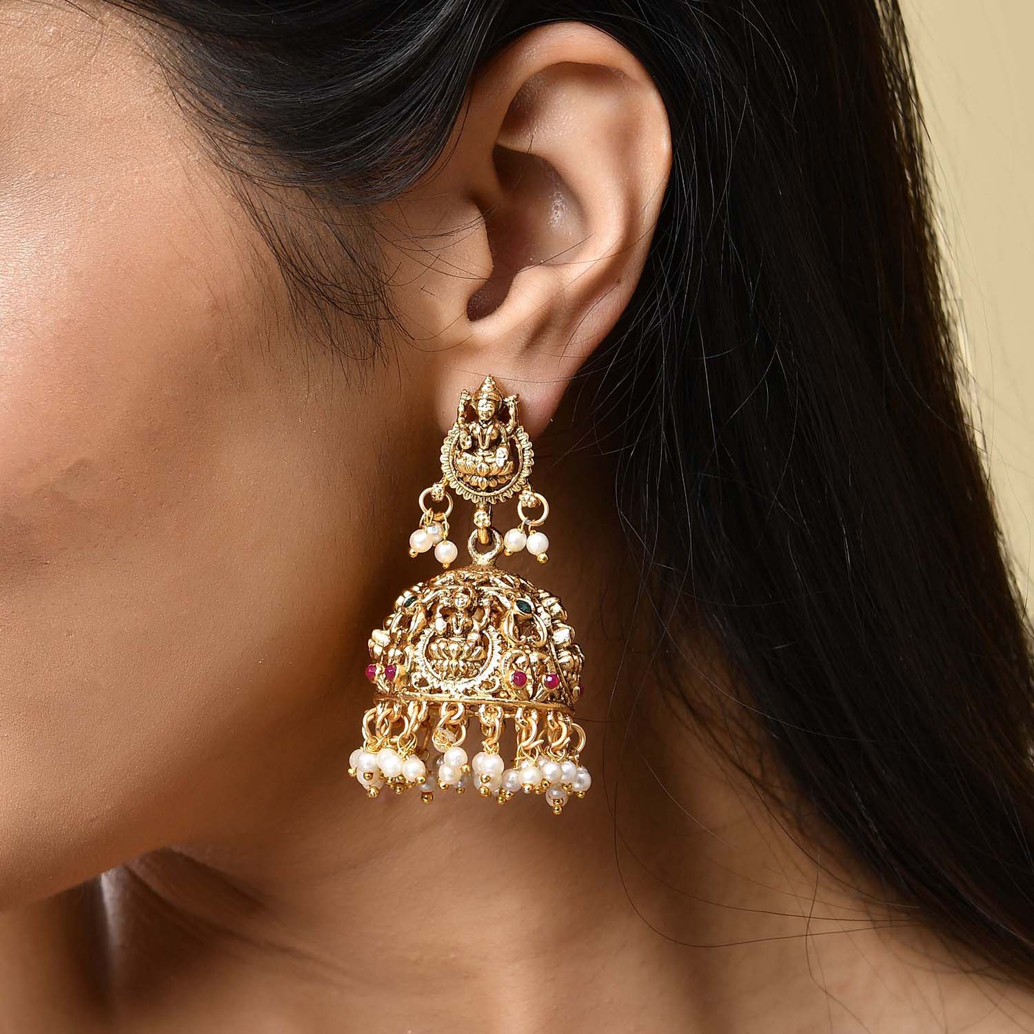 Gold Opulence Lakshmi Rajmudra Temple Jhumka Earrings - Image 2