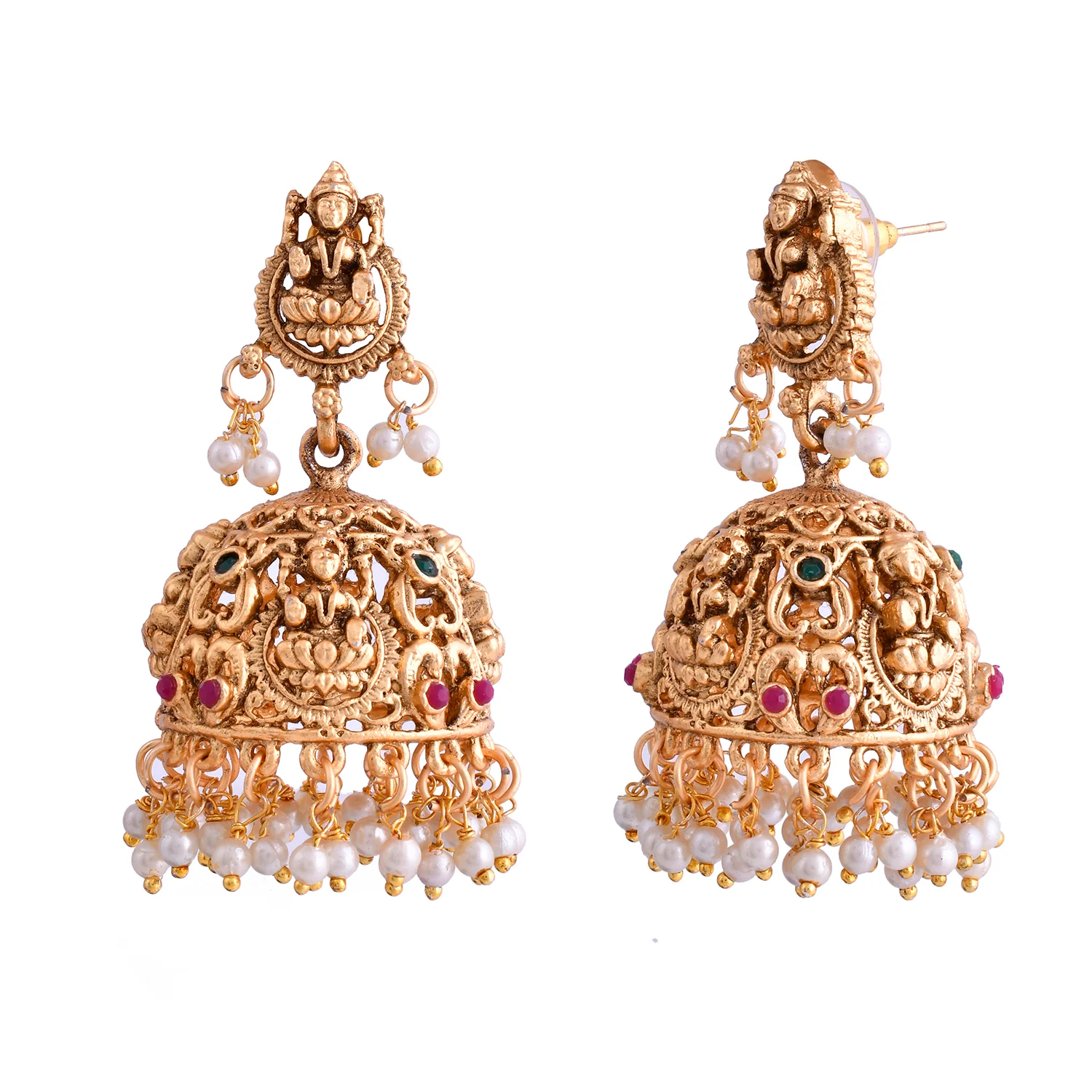 Gold Opulence Lakshmi Rajmudra Temple Jhumka Earrings - Image 3
