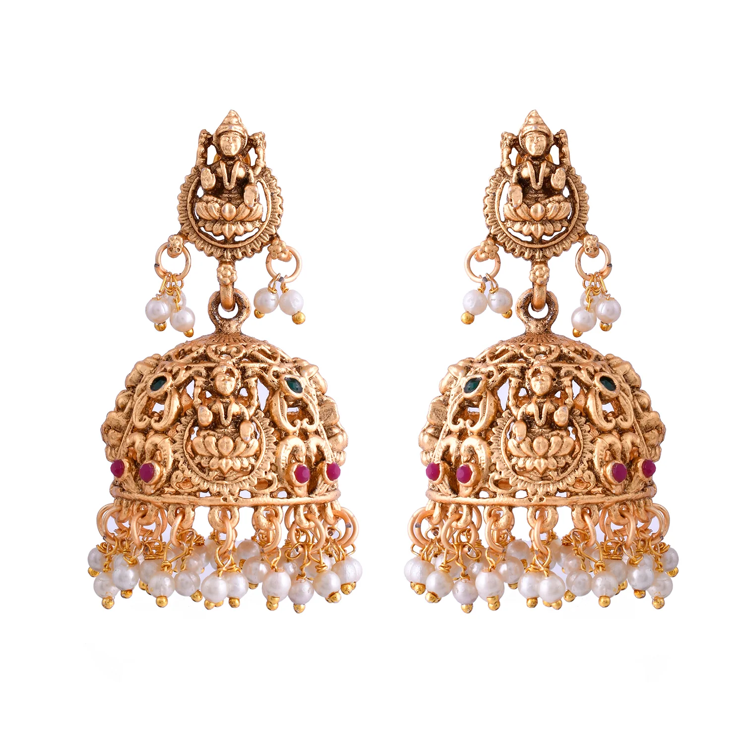 Gold Opulence Lakshmi Rajmudra Temple Jhumka Earrings - Image 4