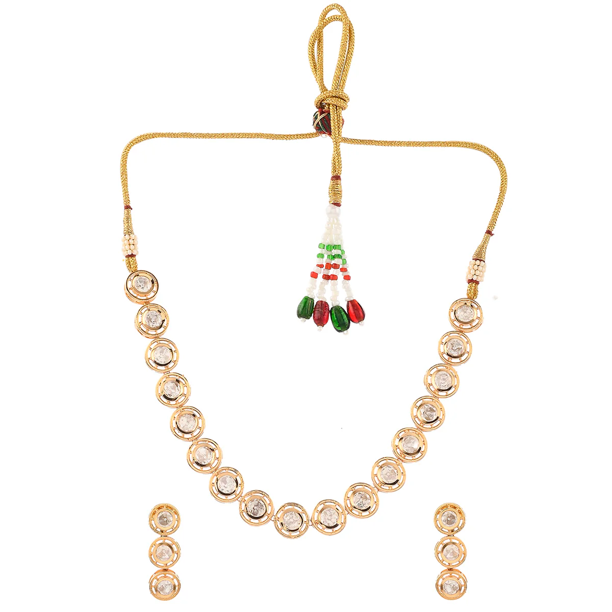 Large Round Cut Faux Kundan Adorned Gold Plated Brass Jewellery Set - Image 3