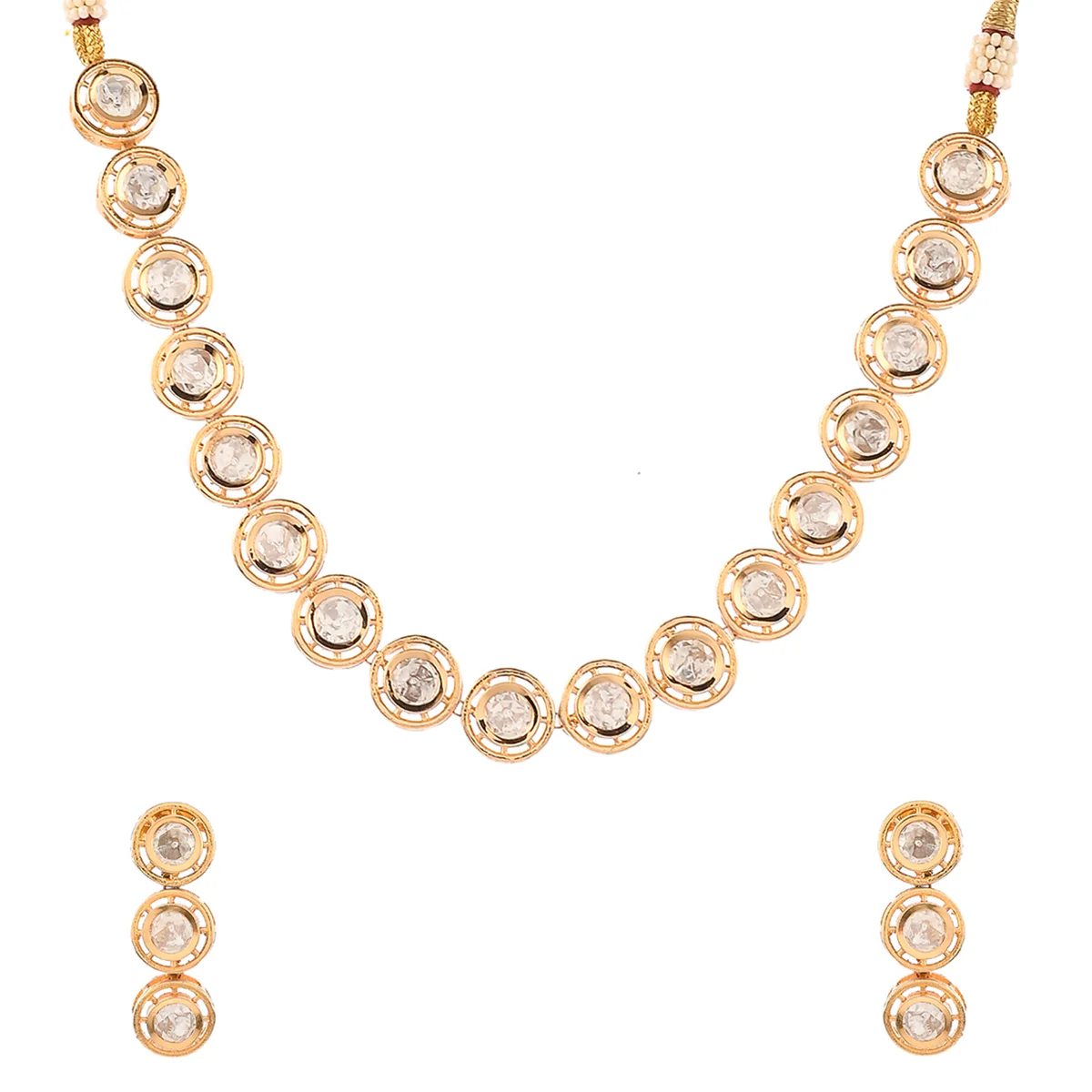 Large Round Cut Faux Kundan Adorned Gold Plated Brass Jewellery Set - Image 4