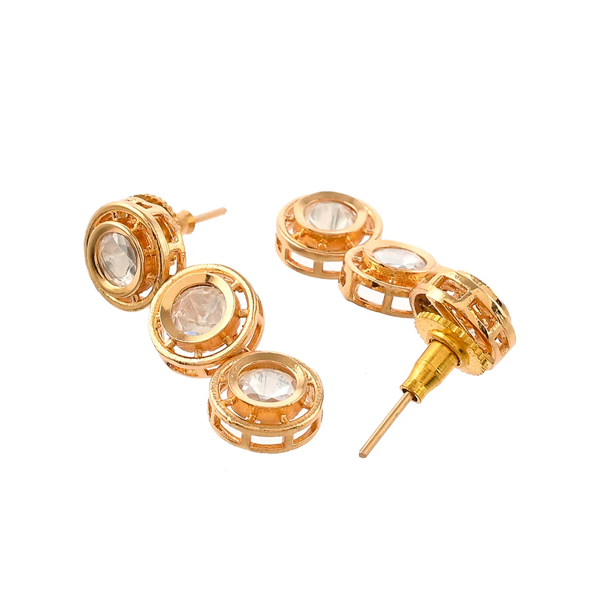 Large Round Cut Faux Kundan Adorned Gold Plated Brass Jewellery Set - Image 5
