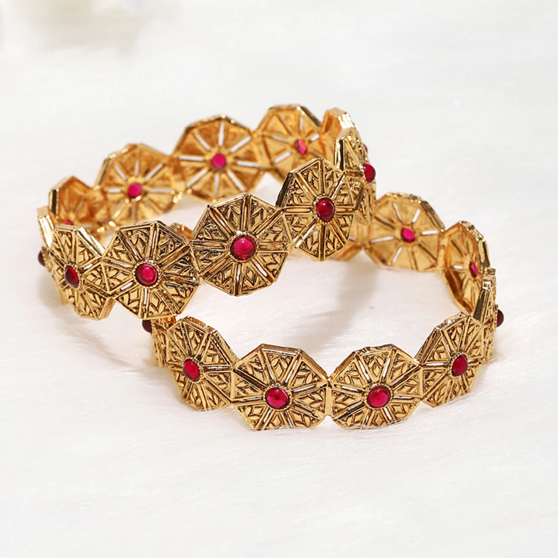 Lattice Gold Bangle with Red Cabachon Stones