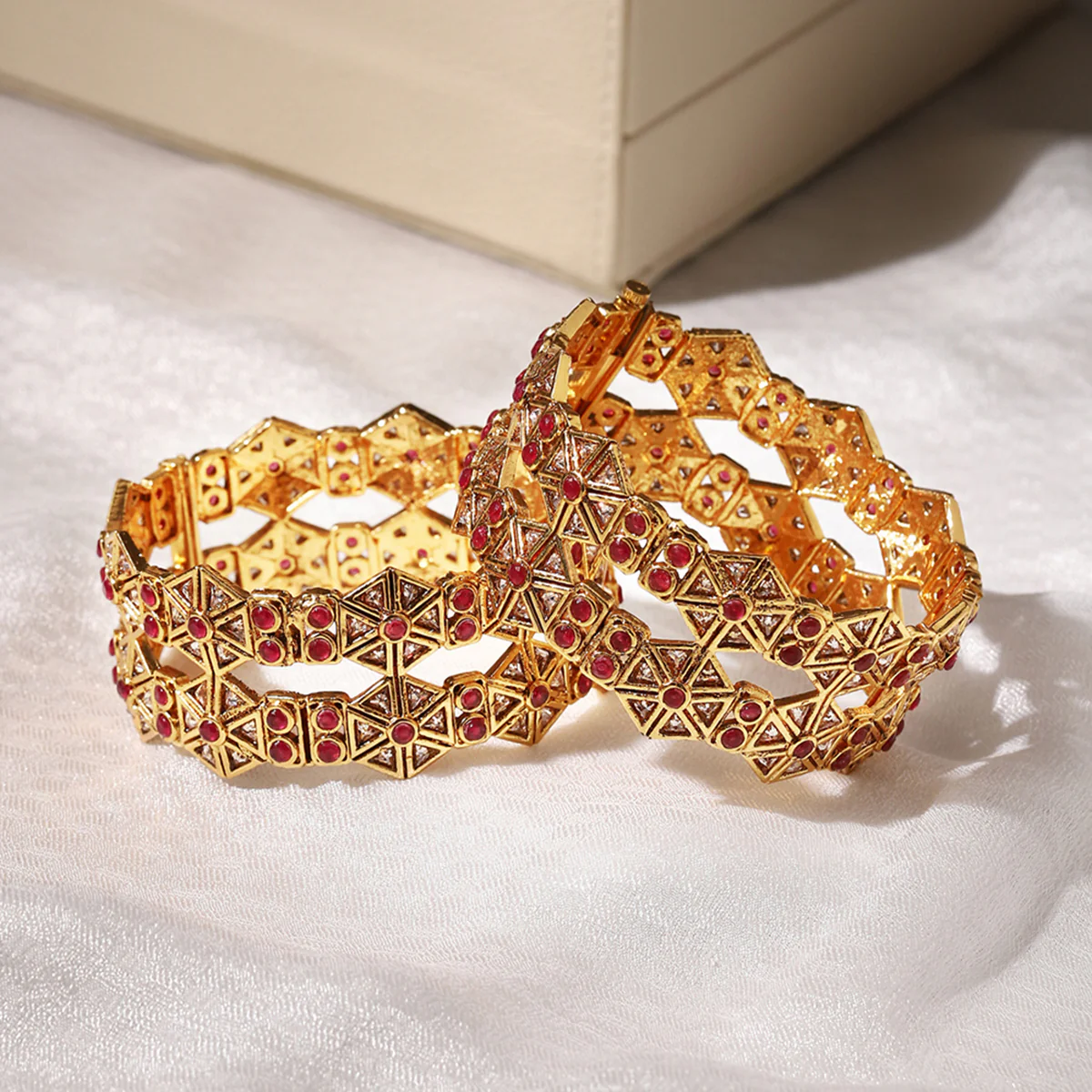 Gold Plated Hand Crafted Bracelets with Red Stone
