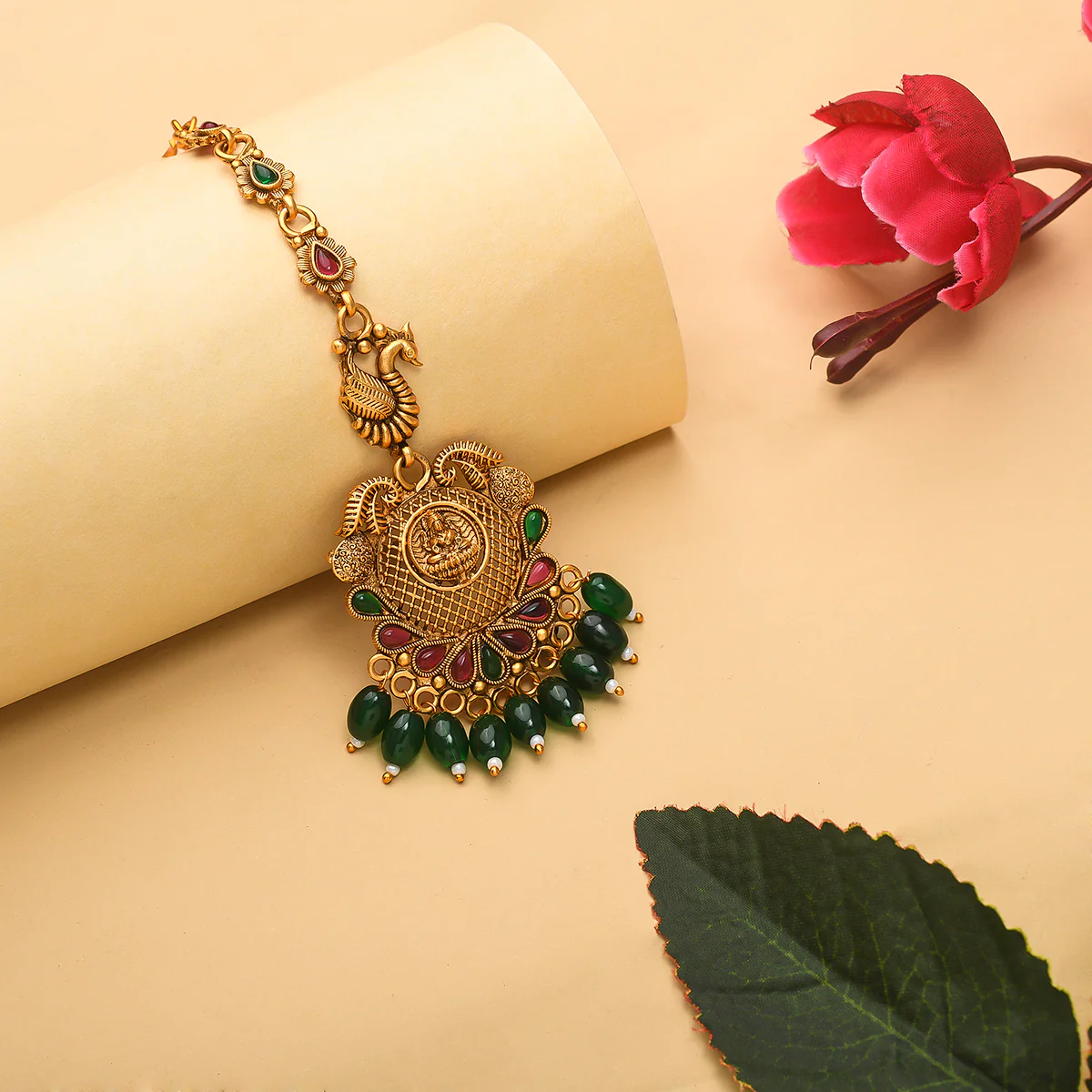 Lattice Design Divine Motif Brass Yellow Gold Plated Maang Tika