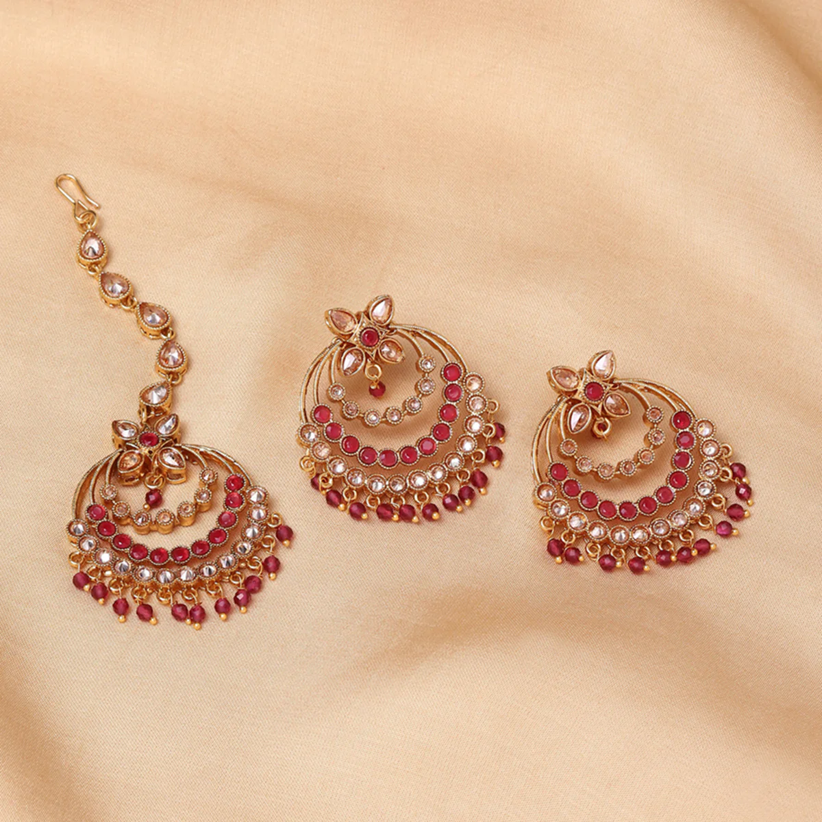 Lattice Gold Plated Maang Tika with Earrings