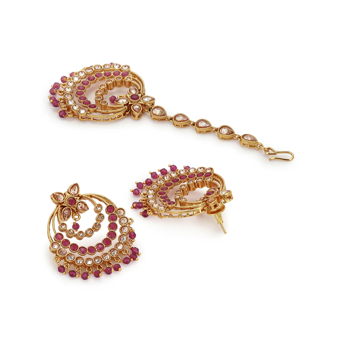 Lattice Gold Plated Maang Tika with Earrings - Image 4