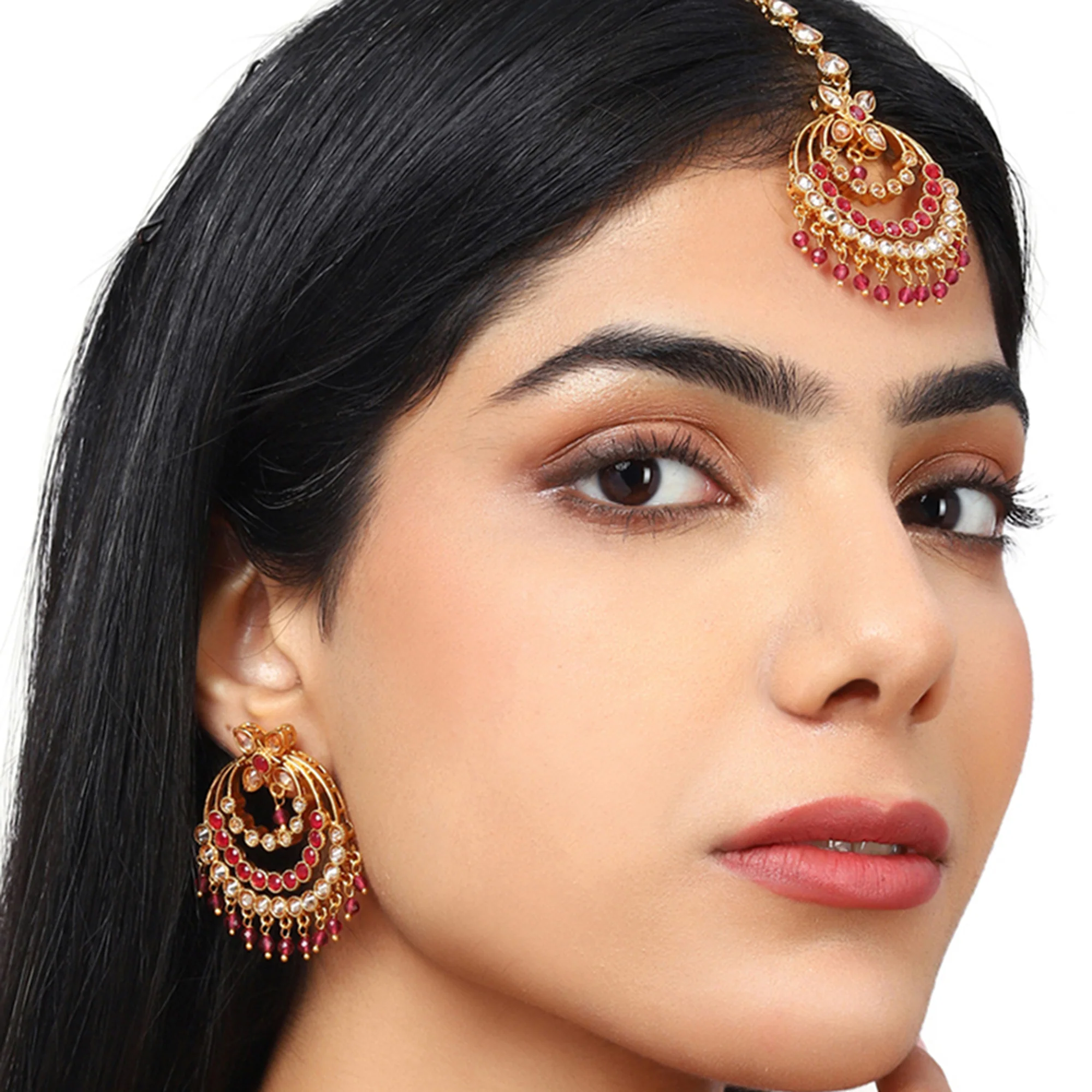 Lattice Gold Plated Maang Tika with Earrings - Image 5