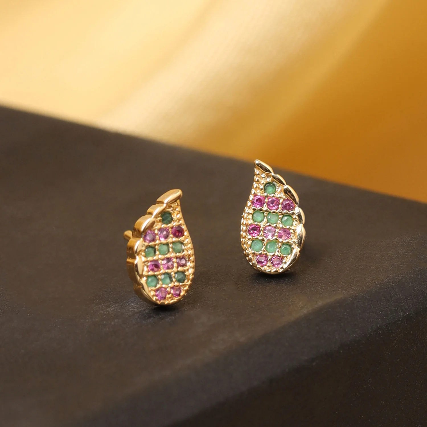 Leaf Motif Pink And Green CZ Stud Earrings