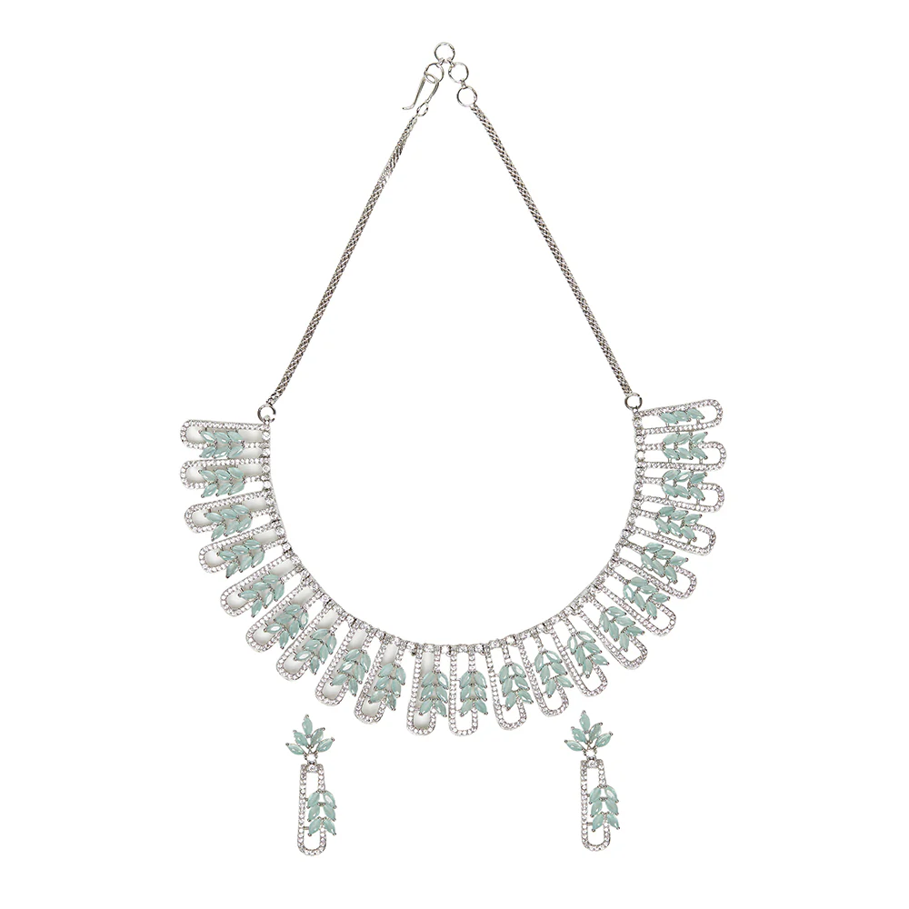 Leaves Motif Pear Cut CZ Adorned Silver Plated Brass Jewellery Set - Image 3