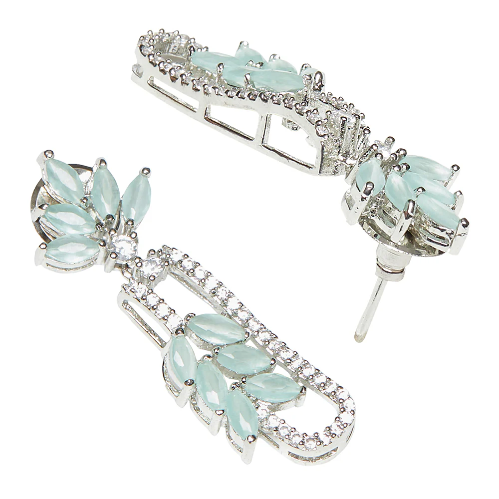 Leaves Motif Pear Cut CZ Adorned Silver Plated Brass Jewellery Set - Image 5