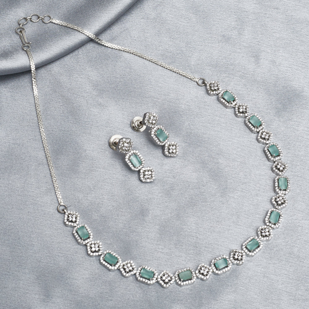 Light Green Emerald Cut CZ Adorned Brass Silver Plated Jewellery Set