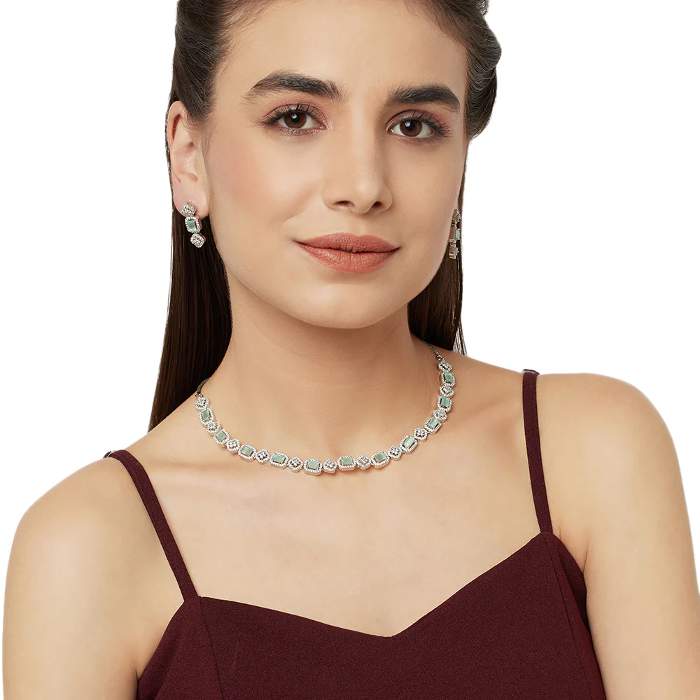 Light Green Emerald Cut CZ Adorned Brass Silver Plated Jewellery Set - Image 2