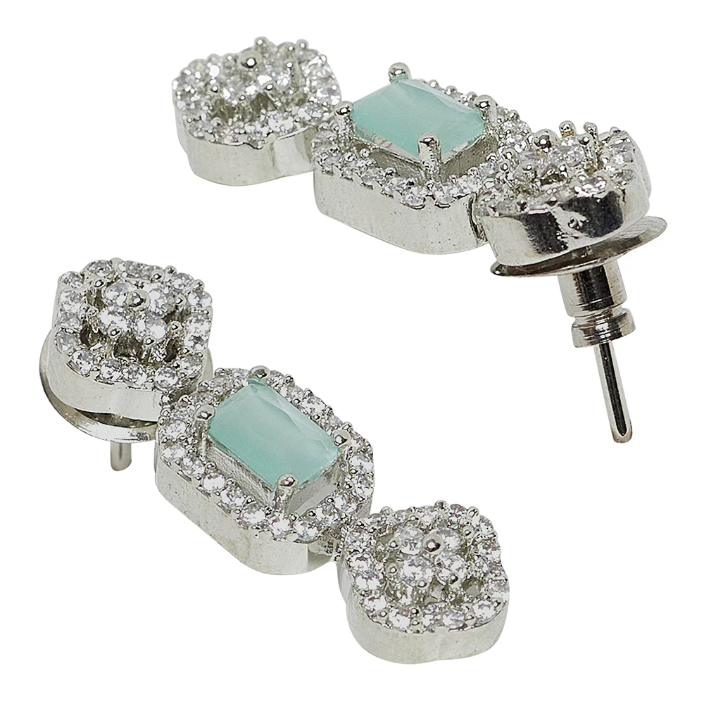 Light Green Emerald Cut CZ Adorned Brass Silver Plated Jewellery Set - Image 5