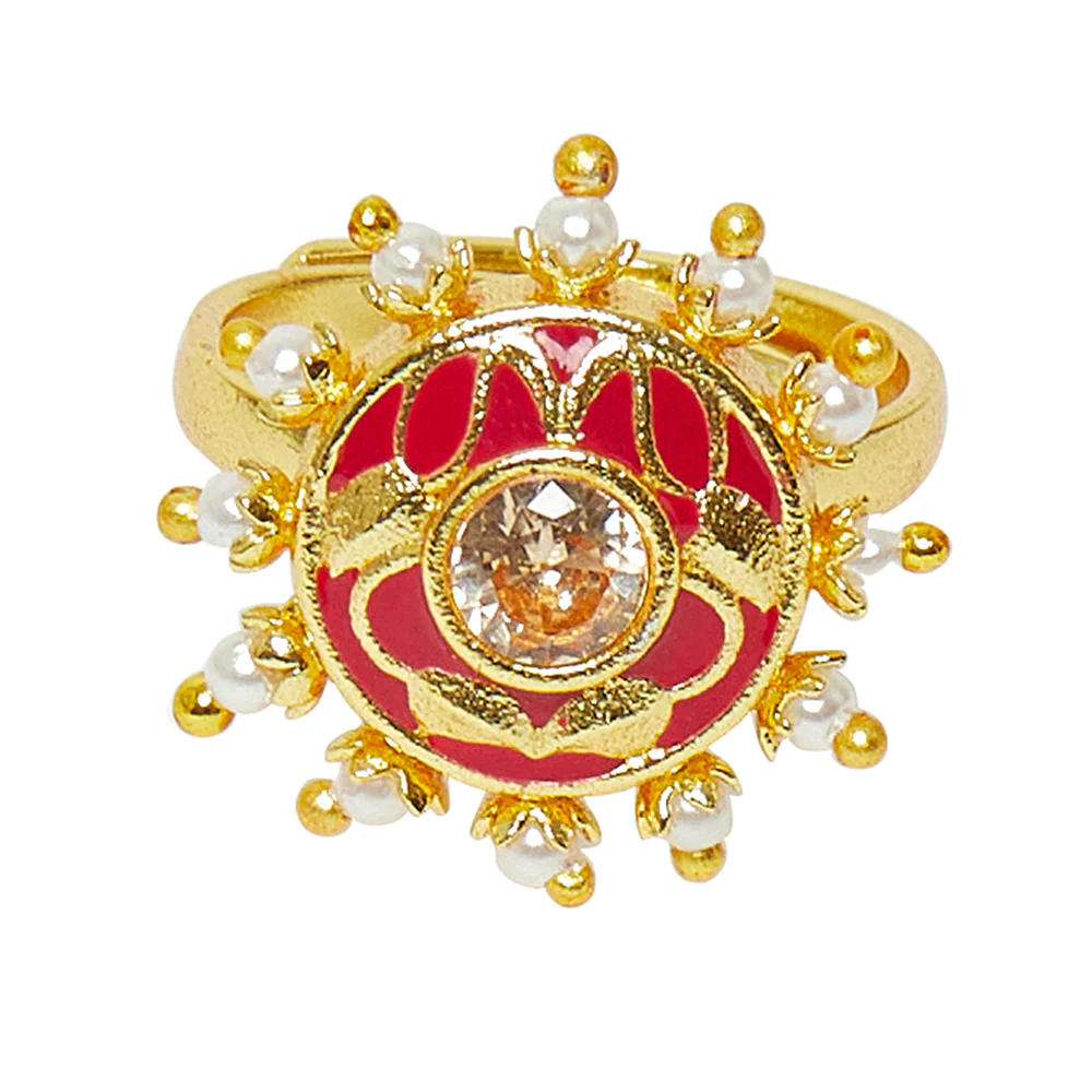 Lightly Embellished Gold Toned Faux Pearls Adjustable Brass Ring - Image 3