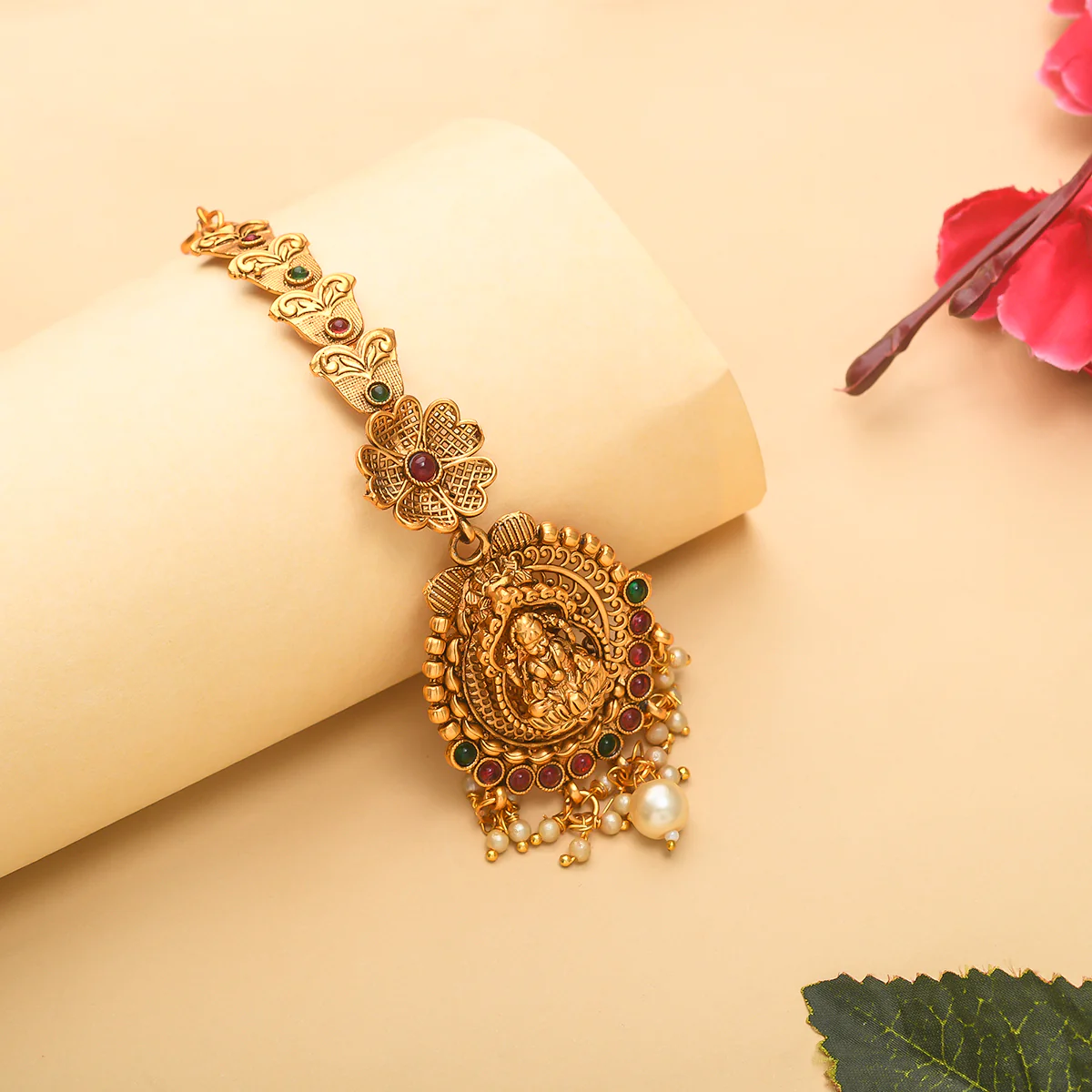 Lotus Motifs Goddess Lakshmi Brass Faux Pearls Gold Toned Maang Tika