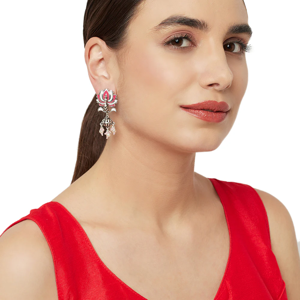 Lotus Pink Enamelled Silver Plated Earrings - Image 2