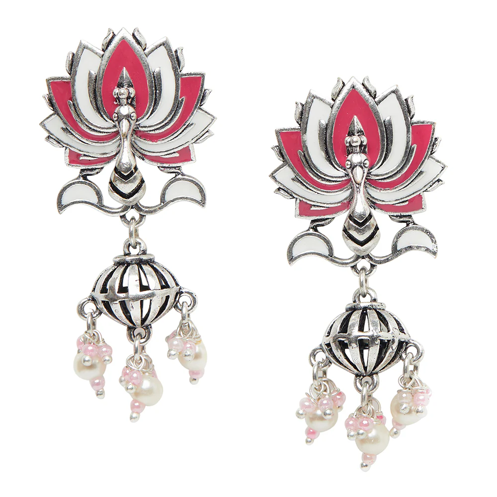 Lotus Pink Enamelled Silver Plated Earrings - Image 3