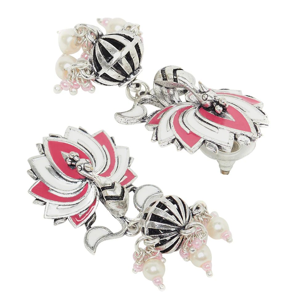 Lotus Pink Enamelled Silver Plated Earrings - Image 4