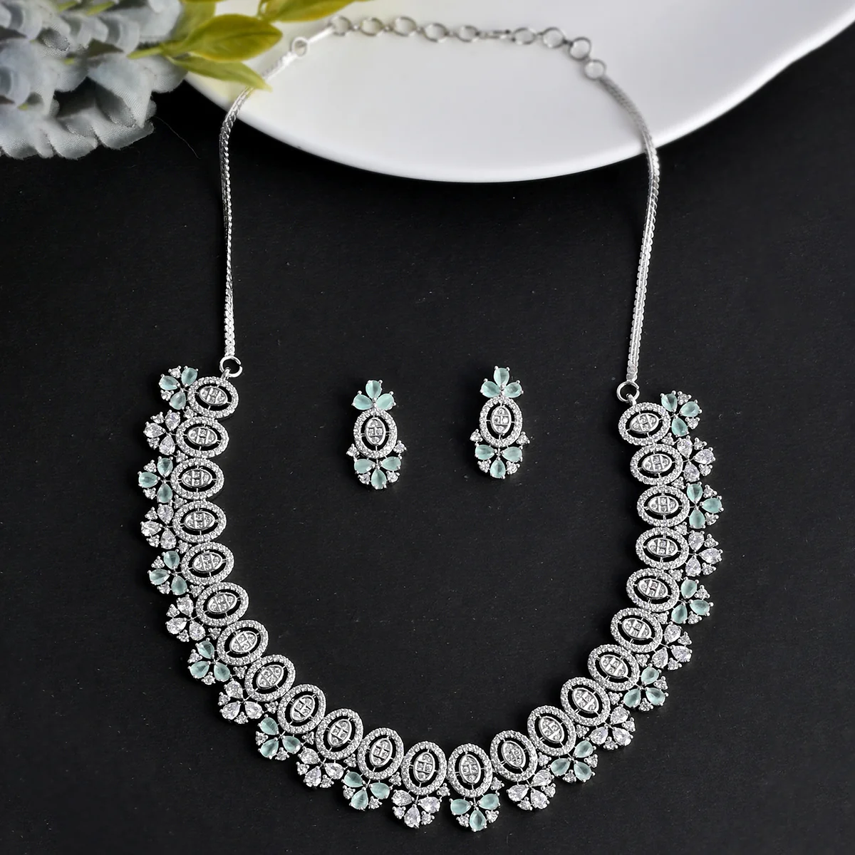 Luxurious Silver Plated Oval Cut Zirconia Adorned Brass Jewellery Set