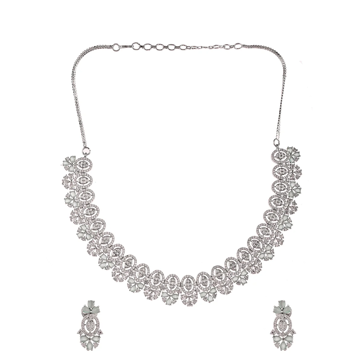 Luxurious Silver Plated Oval Cut Zirconia Adorned Brass Jewellery Set - Image 3