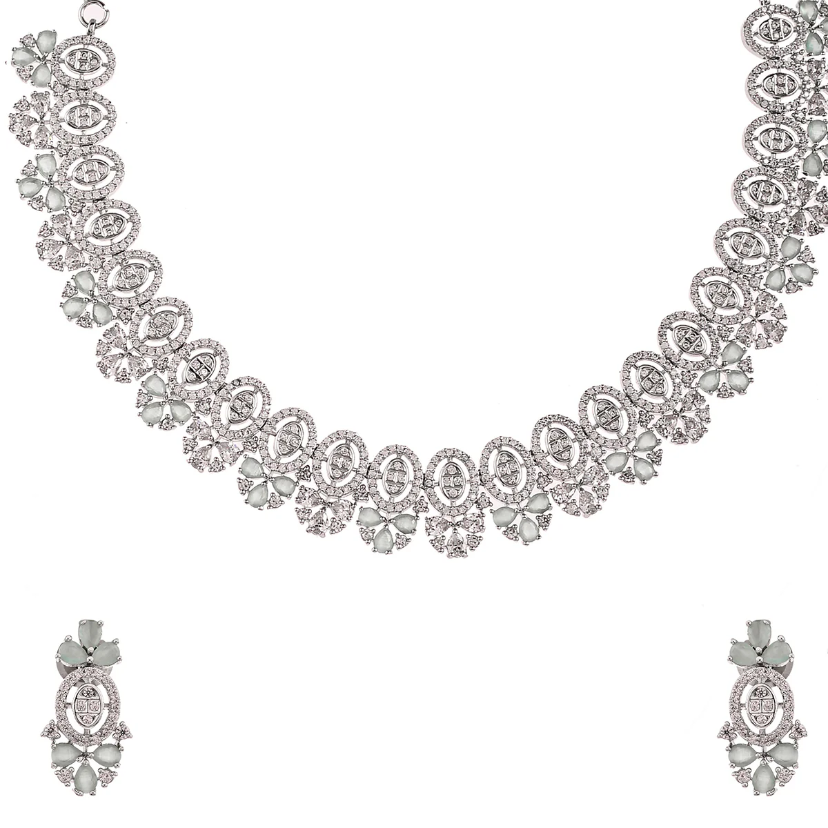 Luxurious Silver Plated Oval Cut Zirconia Adorned Brass Jewellery Set - Image 4