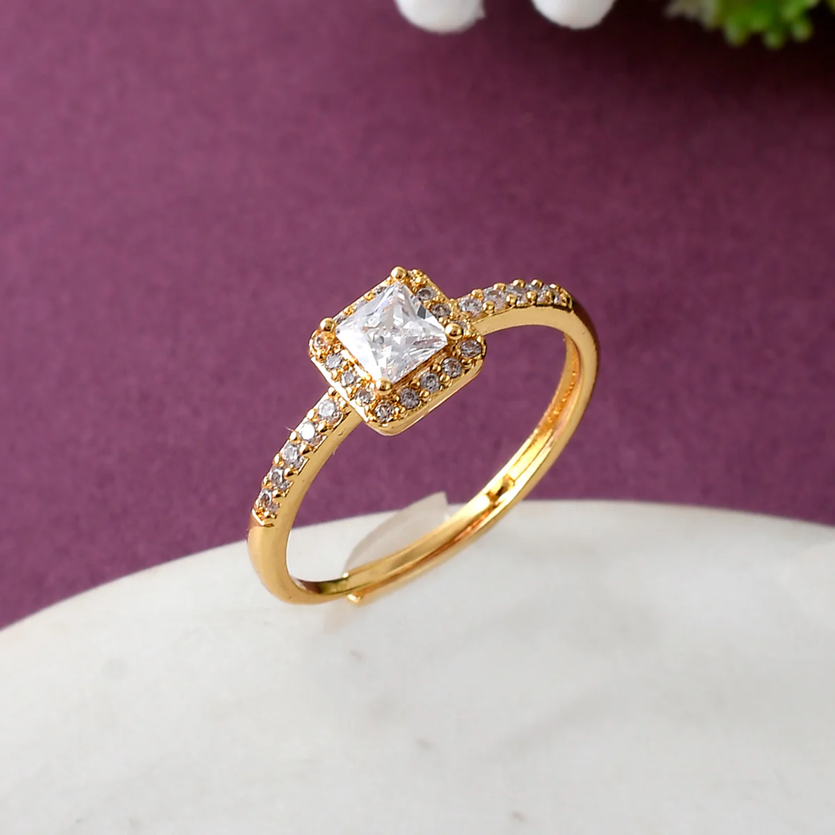 Luxurious Yellow Gold Plated Zircons Embellished Brass Ring