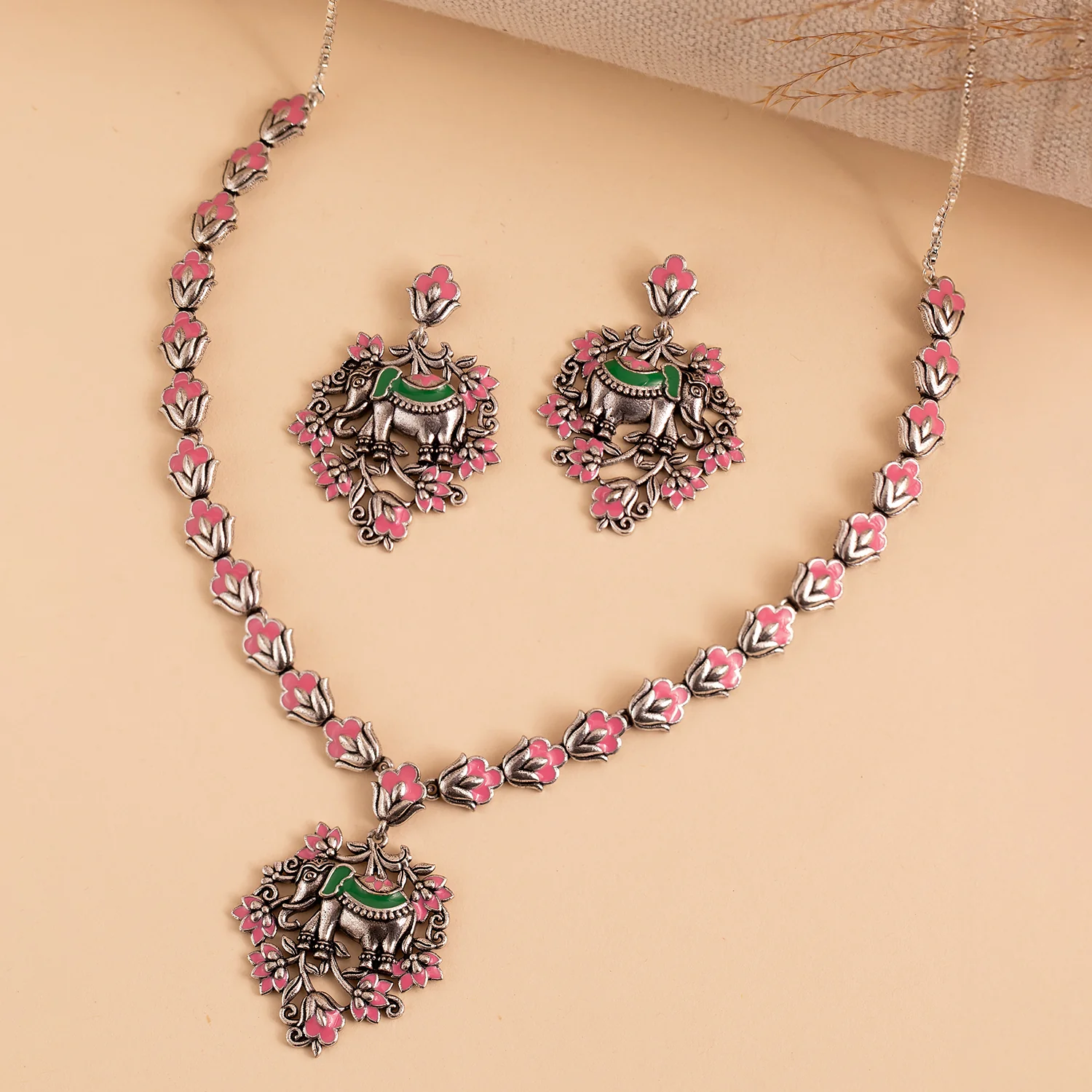 Madhubani Gajraj Garden Oxidised Enamel Necklace Set