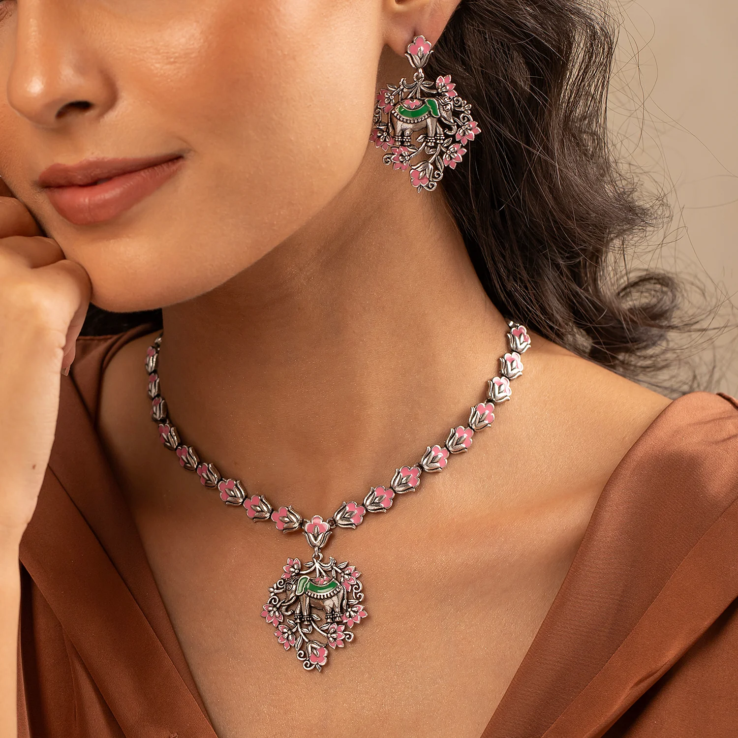 Madhubani Gajraj Garden Oxidised Enamel Necklace Set - Image 2