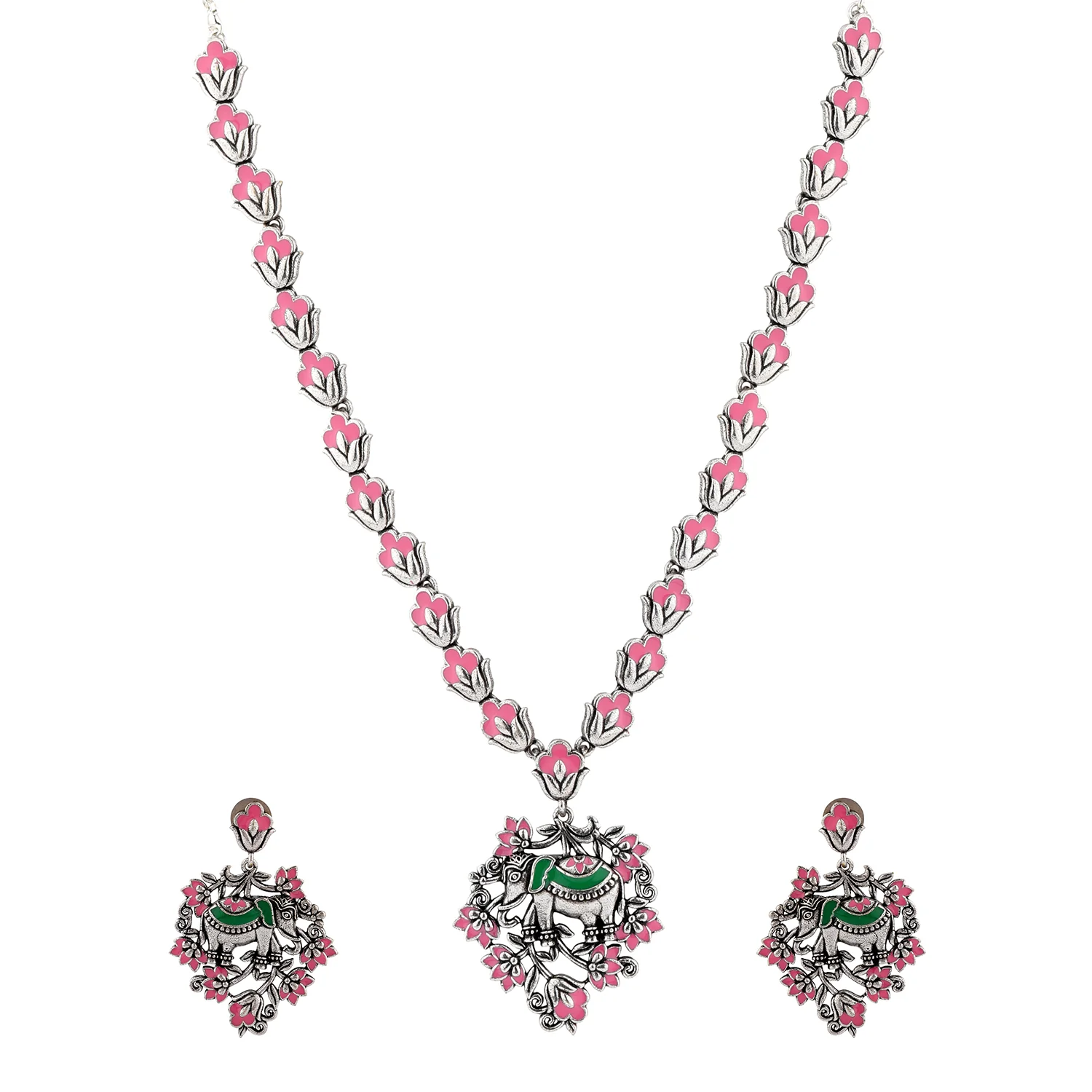 Madhubani Gajraj Garden Oxidised Enamel Necklace Set - Image 3