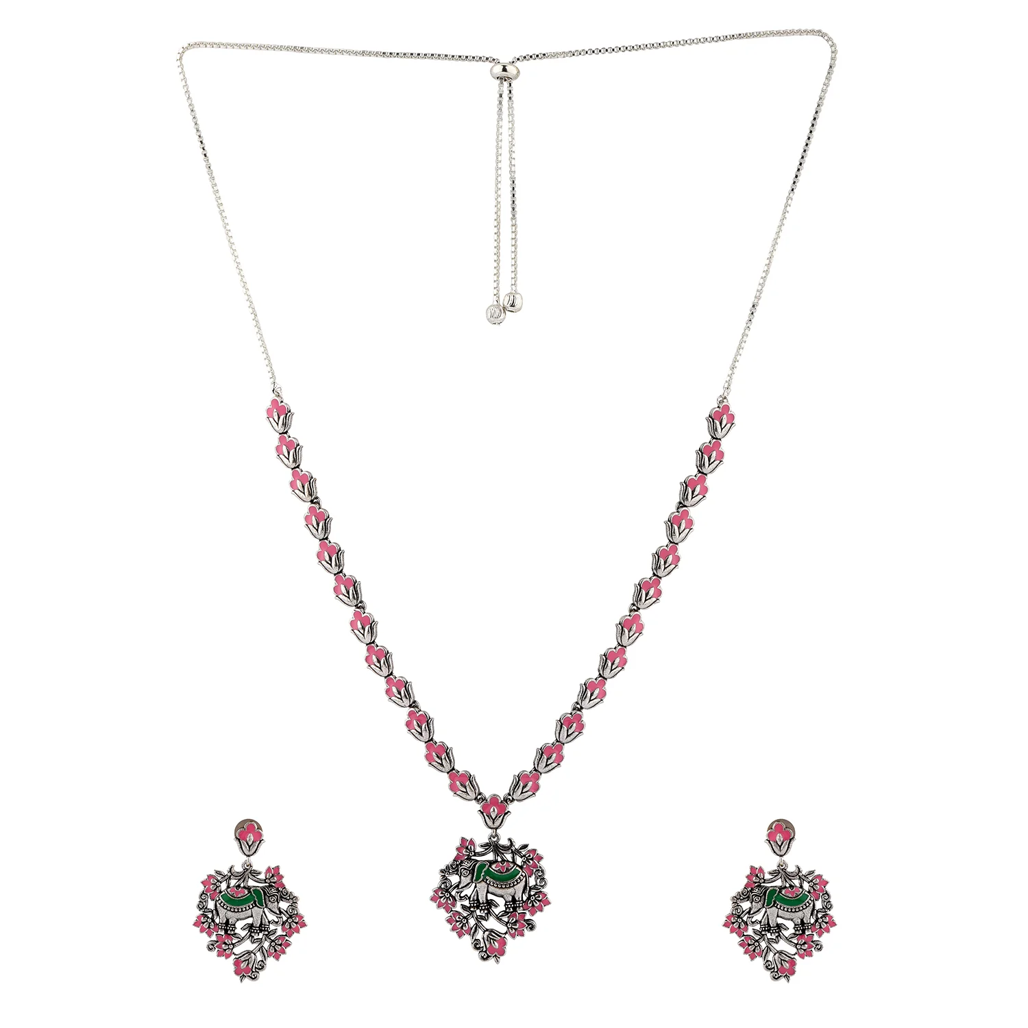 Madhubani Gajraj Garden Oxidised Enamel Necklace Set - Image 4