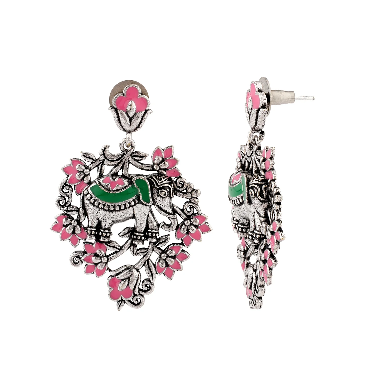 Madhubani Gajraj Garden Oxidised Enamel Necklace Set - Image 5