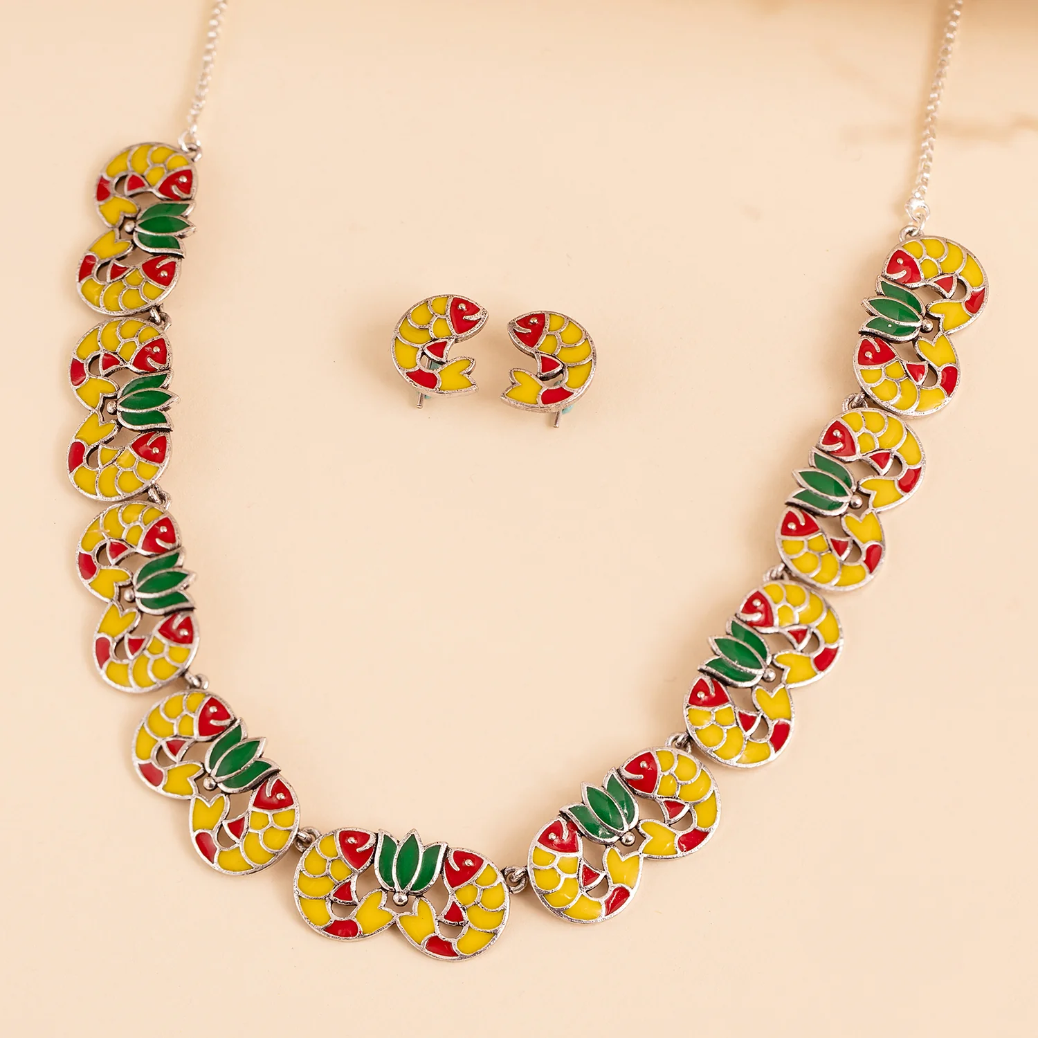 Madhubani Kamala Katha Oxidised Enamel Necklace Set