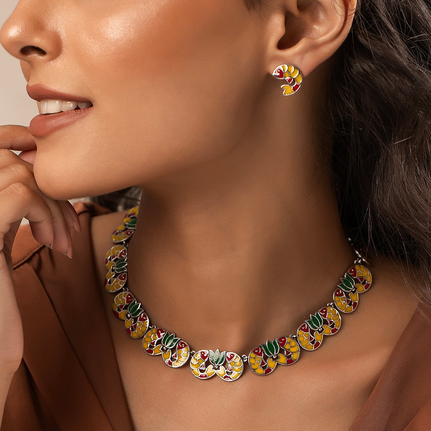 Madhubani Kamala Katha Oxidised Enamel Necklace Set - Image 2