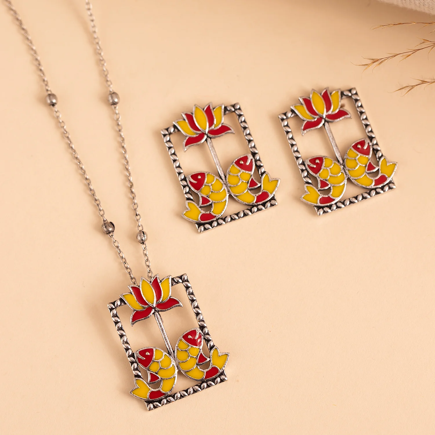Madhubani Matsya Gulmohar Oxidised Enamel Pendant Set