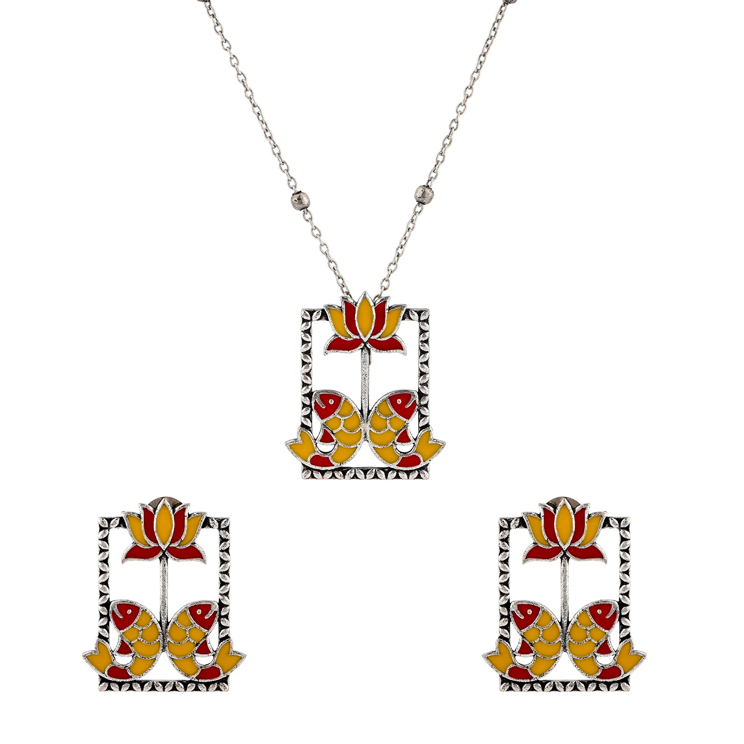 Madhubani Matsya Gulmohar Oxidised Enamel Pendant Set - Image 3
